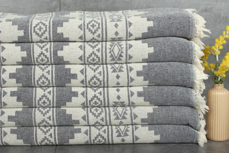 Throw Blanket Couch, Woven Throw Blanket, Kilim Throw, Monogram Blanket, 56x85 Inches Navy Cotton Throw, Cotton Bedspread, image 2