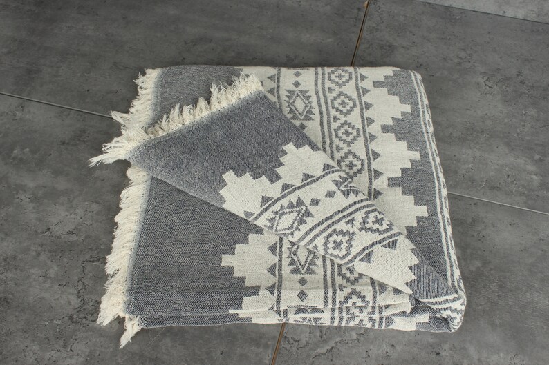 Throw Blanket Couch, Woven Throw Blanket, Kilim Throw, Monogram Blanket, 56x85 Inches Navy Cotton Throw, Cotton Bedspread, image 4