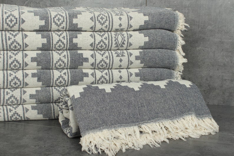 Throw Blanket Couch, Woven Throw Blanket, Kilim Throw, Monogram Blanket, 56x85 Inches Navy Cotton Throw, Cotton Bedspread, image 3