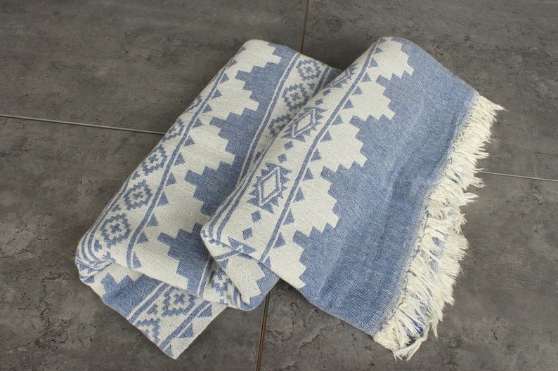 Turkish Blanket, Bedspread, Kilim Throw, 56x85 Inches Sax Blue Cotton Throw, Custom Wedding Gifts, Bachelor Bachelorette Party Favors, image 6