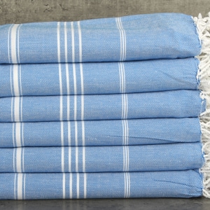 Striped Blanket, Wedding Favors, Personalized Gifts, Bridal Shower Gift, 63x87 Inches Sax Blue Cotton Blanket, Embroidery Bedspread,