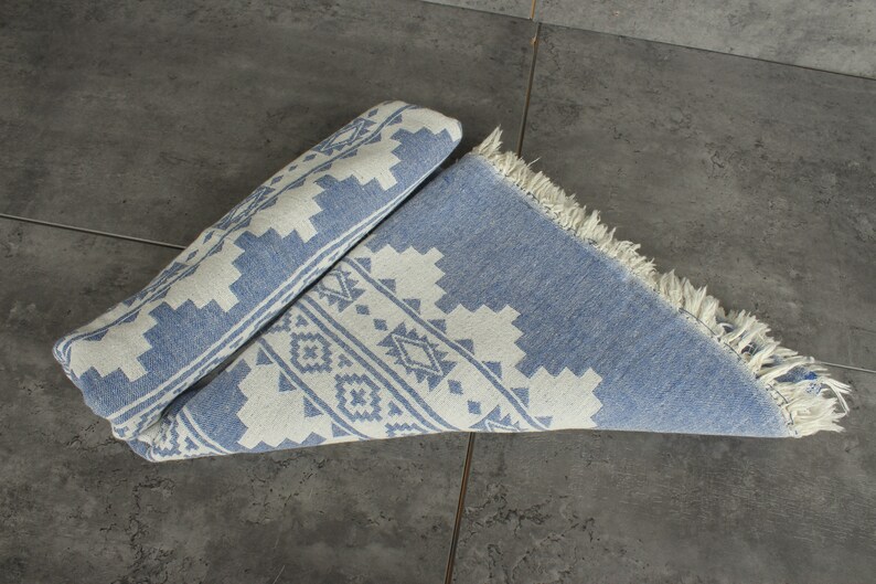 Turkish Blanket, Bedspread, Kilim Throw, 56x85 Inches Sax Blue Cotton Throw, Custom Wedding Gifts, Bachelor Bachelorette Party Favors, image 8