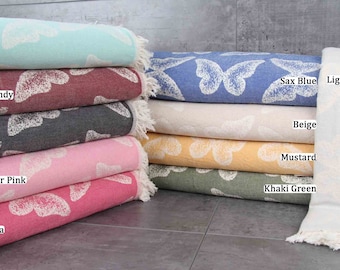Turkish Throw Blanket, Butterfly Throw, Patterned Throw, Animal Design Bedspread, 79 x 95 Inches Shower Curtain, Home Decor Blanket,