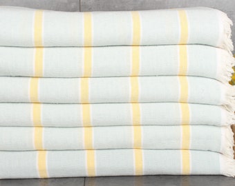 Woven Blanket, Striped Blanket, 83x95 Inches Mint-Yellow Cotton Blanket, Bachelorette Party Favors, Monogram Blanket, Wedding Shower Gift,