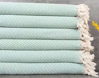 Turkish Blanket, Beach Blanket, Mint Chevron Bedspread, 63x75 Inches Bed Cover, Turkish Throw, Couch Bedspread, Turkey Bedcover,