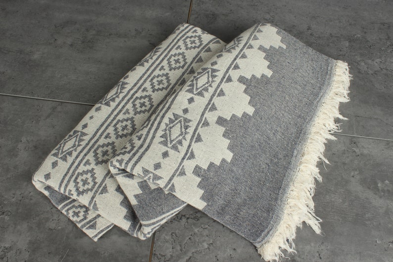 Throw Blanket Couch, Woven Throw Blanket, Kilim Throw, Monogram Blanket, 56x85 Inches Navy Cotton Throw, Cotton Bedspread, image 6