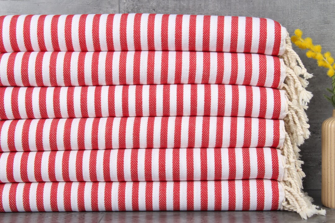 Turkish Hand Towel, Turkish Towel, Red Striped Towel, 18x40 Inches