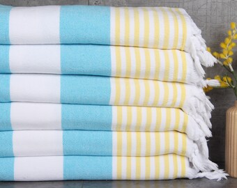 Asciugamano turco personalizzato, telo mare ricamato, asciugamano giallo turchese, asciugamano a righe, asciugamano in spugna, regali da sposa 36x67 pollici,