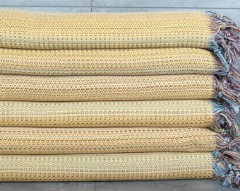 Turkish Blanket, Personalized Gifts, Personalized Blanket, 87x89 Inches Mustard Cotton Blanket, Colorful Diamond Blanket, Bridesmaid Gifts