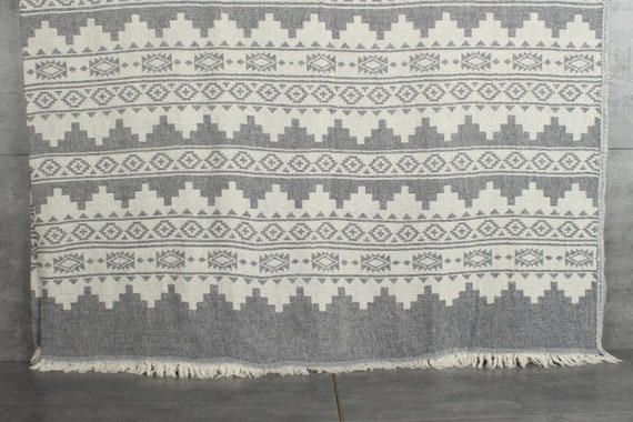 Throw Blanket Couch, Woven Throw Blanket, Kilim Throw, Monogram Blanket, 56x85 Inches Navy Cotton Throw, Cotton Bedspread,
