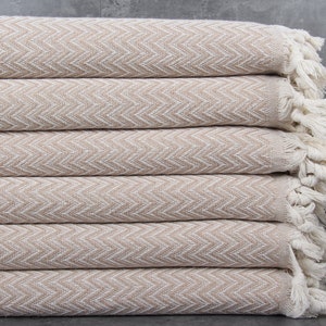 Turkish Throw Blanket, Large Towel, Beige Chevron Blanket, 63x75 Inches Sofa Cover, Couch Bedspread, Turkish Bedcover, Designer Throw,