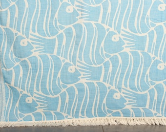 60&quot;x71&quot; Dark Turquoise Cotton Blanket, Throw Blanket, Fish Design Blanket, Woven Blanket, Bachelorette Party Favors, Special Gift,