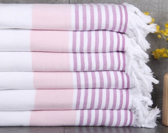 Monogrammed Beach Towel, Personalized Turkish Beach Towel, Powder Pink-Damson Towel, Striped Towel, Terry Towel, 36x67 Inches Gift Towel