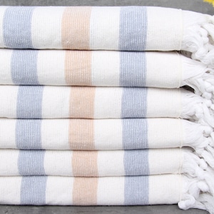 Organic Beach Towel, Wedding Gift Towels, Sax Blue-Mustard Towel, Striped Towel, Terry Towel, 36x63 Inches Turkish Towel for Gift,