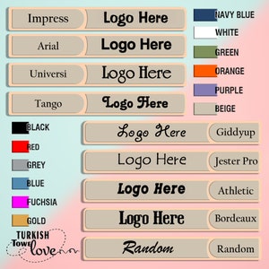 May include: A chart with a variety of font names and colors. The chart shows the words "Logo Here" in different fonts and colors. The font names include Impress, Arial, Universi, Tango, Giddyup, Jester Pro, Athletic, Bordeaux, and Random.