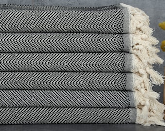 Coperta turca, coperta in cotone nero da 67x83 pollici, coperte boho, coperta a zig zag, regalo personalizzato per lui,