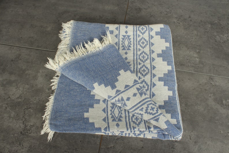 Turkish Blanket, Bedspread, Kilim Throw, 56x85 Inches Sax Blue Cotton Throw, Custom Wedding Gifts, Bachelor Bachelorette Party Favors, image 4