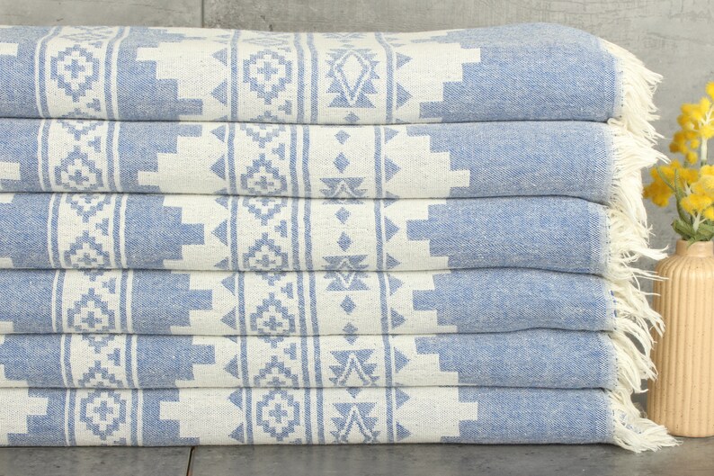 Turkish Blanket, Bedspread, Kilim Throw, 56x85 Inches Sax Blue Cotton Throw, Custom Wedding Gifts, Bachelor Bachelorette Party Favors, image 2