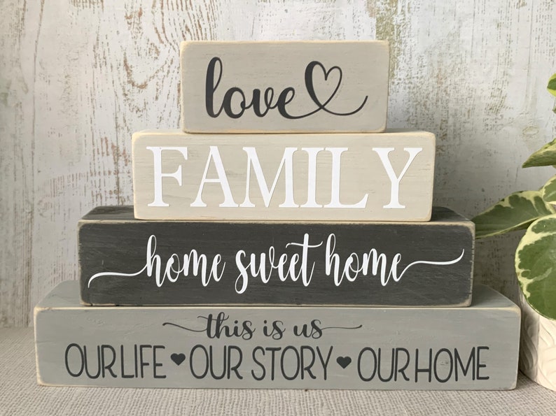 Home Love Family Wooden Stacking Blocks Handmade Signs Grey Beige Green Home Decor image 2