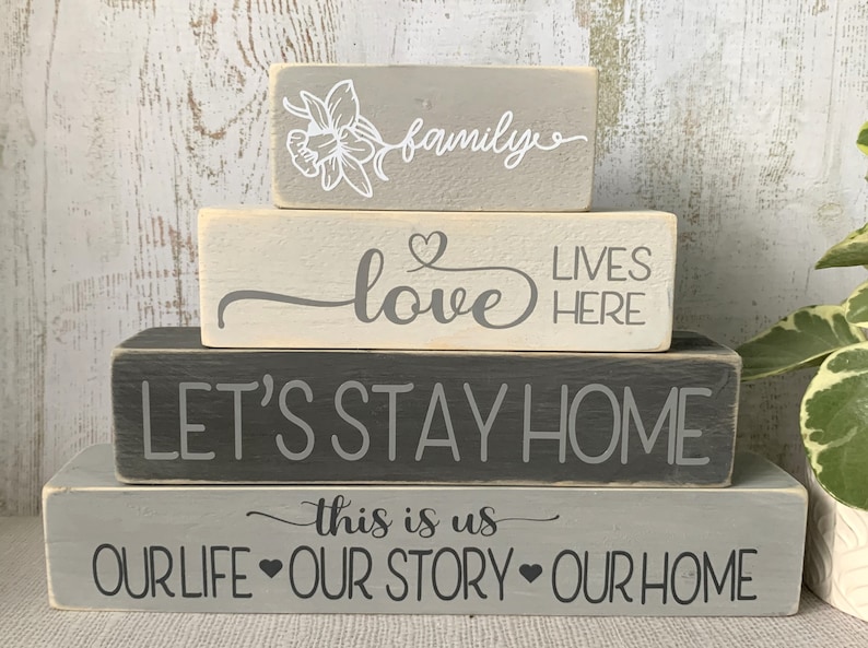 Home Love Family Wooden Stacking Blocks Handmade Signs Grey Beige Green Home Decor image 8