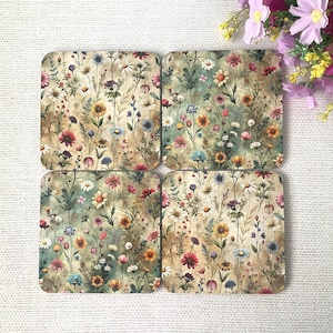 Wildflowers Coasters Set of 4 Vintage Style Blue Cream Summer Cork Backed Drinks Coasters Home Decor