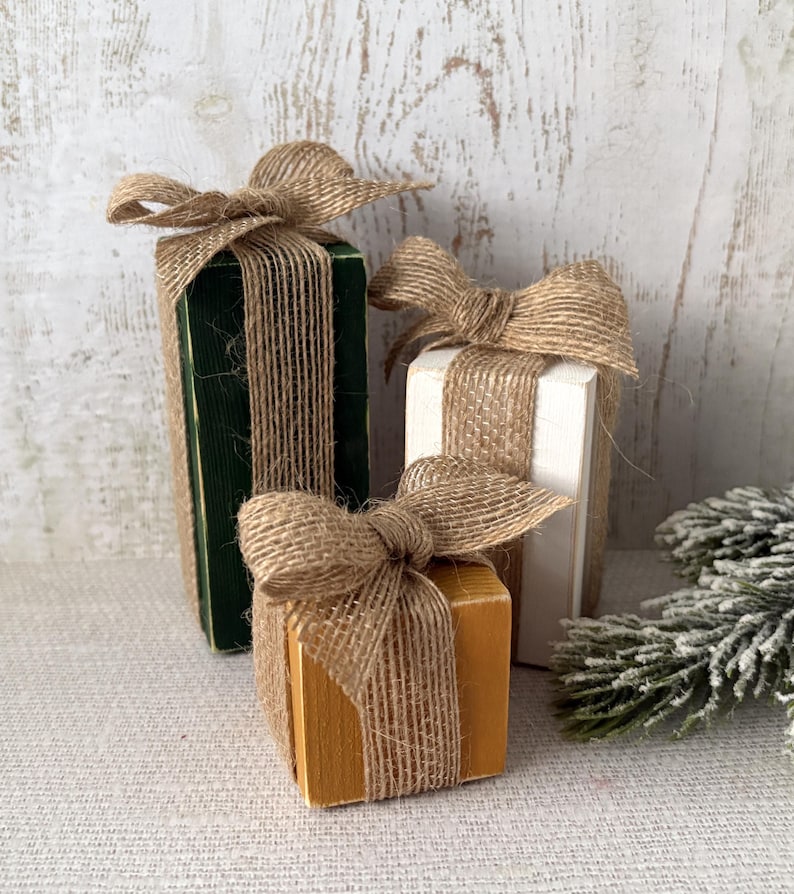 Set of 3 Wooden Christmas Present Blocks With Ribbon Handmade Festive ...