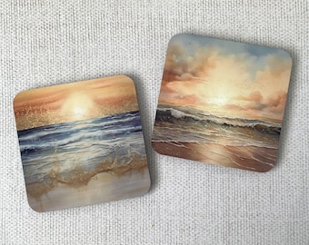 Seaside Sunset Coasters Set of 2 Beach Coastal Cork Backed Coasters Home Decor