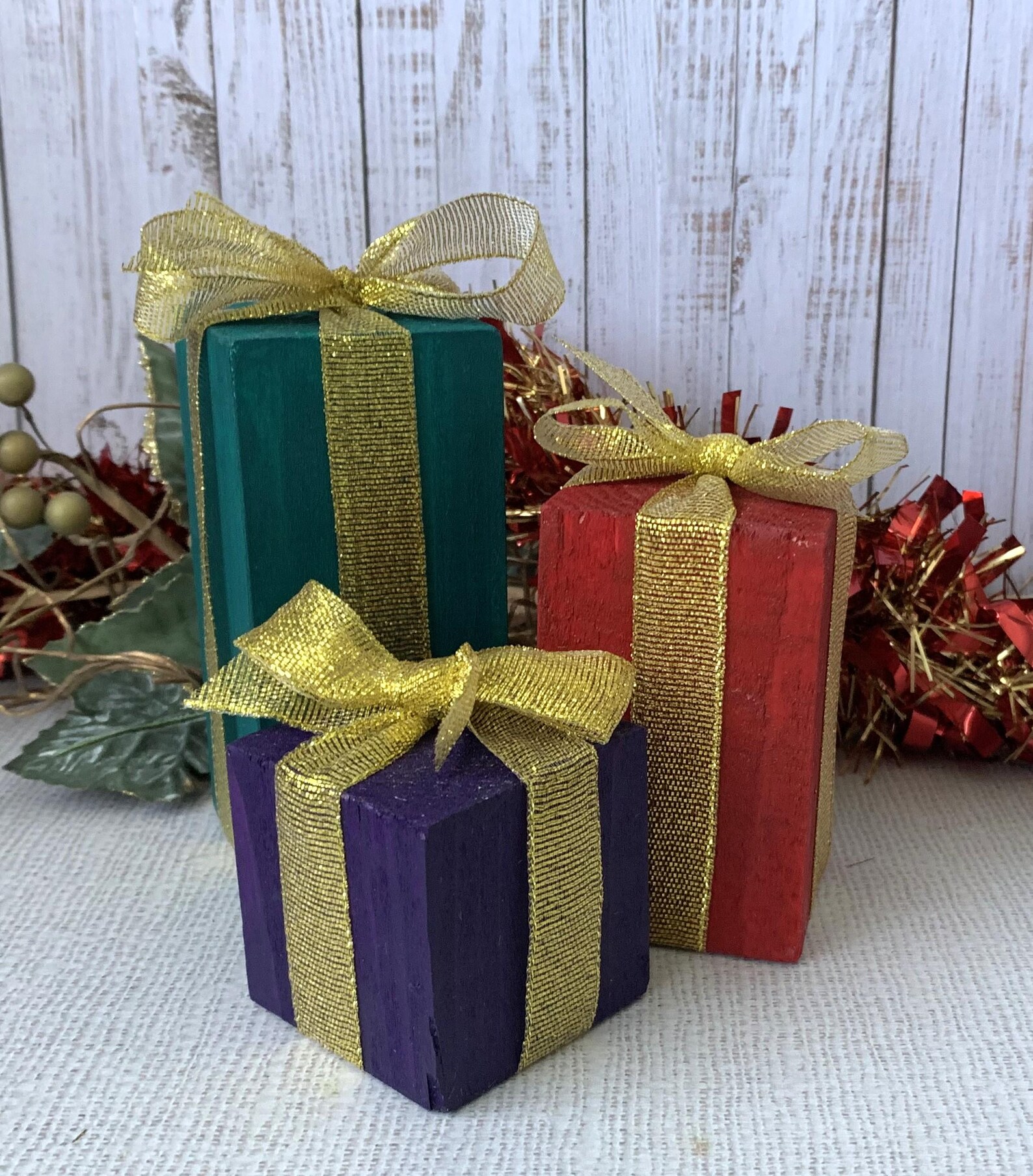 Set of 3 Wooden Christmas Present Blocks With Ribbon Handmade Festive ...