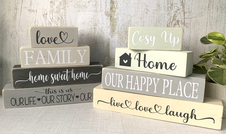 Home Love Family Wooden Stacking Blocks Handmade Signs Grey Beige Green Home Decor 10cm Cosy Up