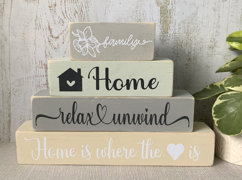 Home Love Family Wooden Stacking Blocks Handmade Signs Grey Beige Green Home Decor image 3