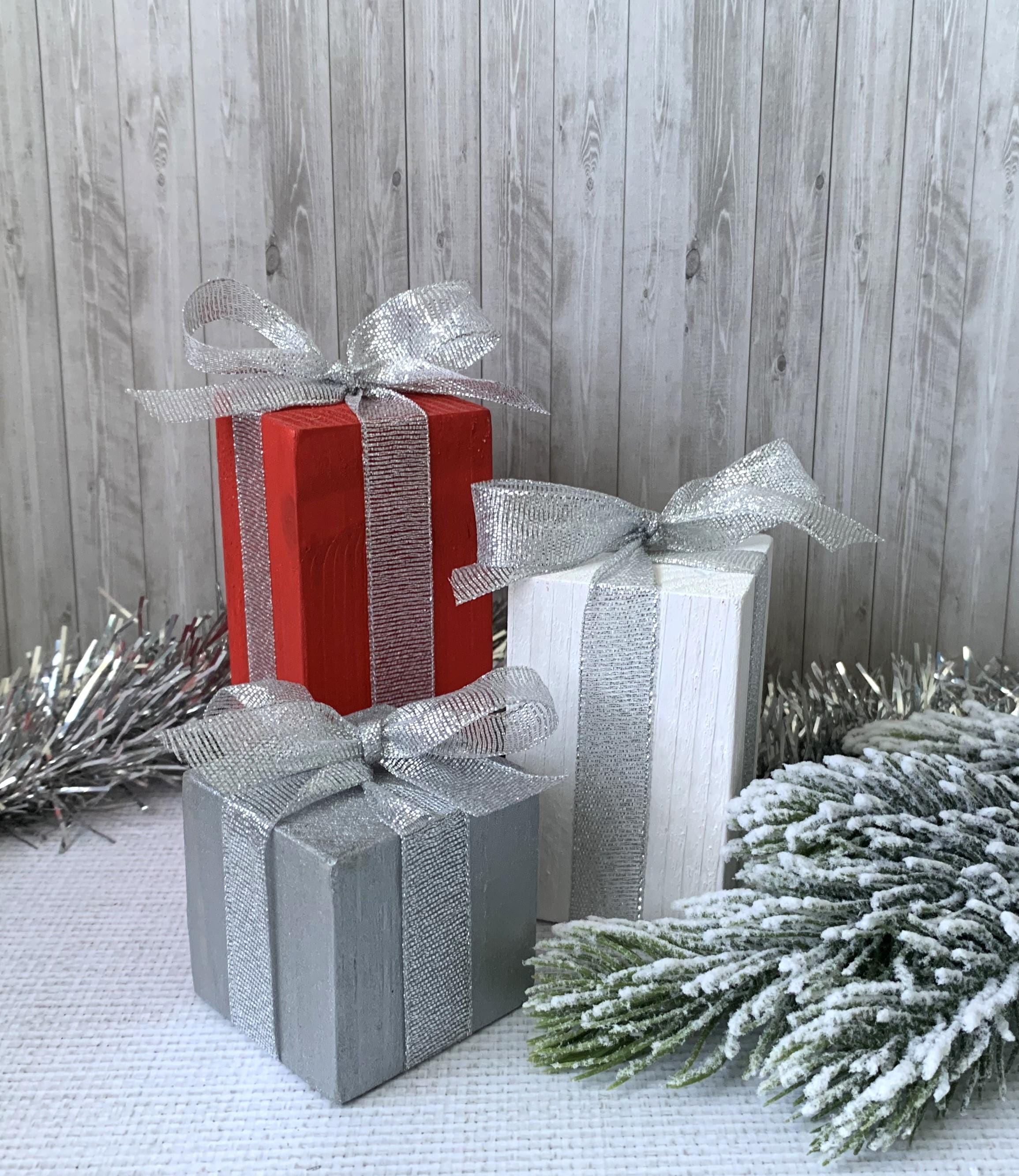Set of 3 Wooden Christmas Present Blocks With Ribbon Handmade Festive ...