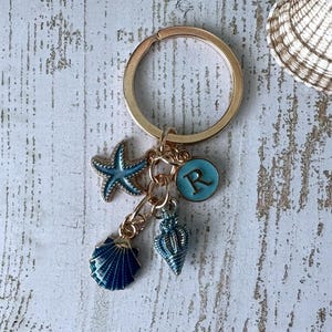 Personalised Seashells Starfish Beach Keyring, Coastal Seaside Summer Theme Blue Gold Initial Keyring