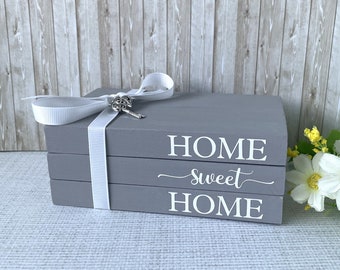 Wooden Book Stack - Home Sweet Home Grey Home Decor With Key & Heart Charms Choice of Sizes