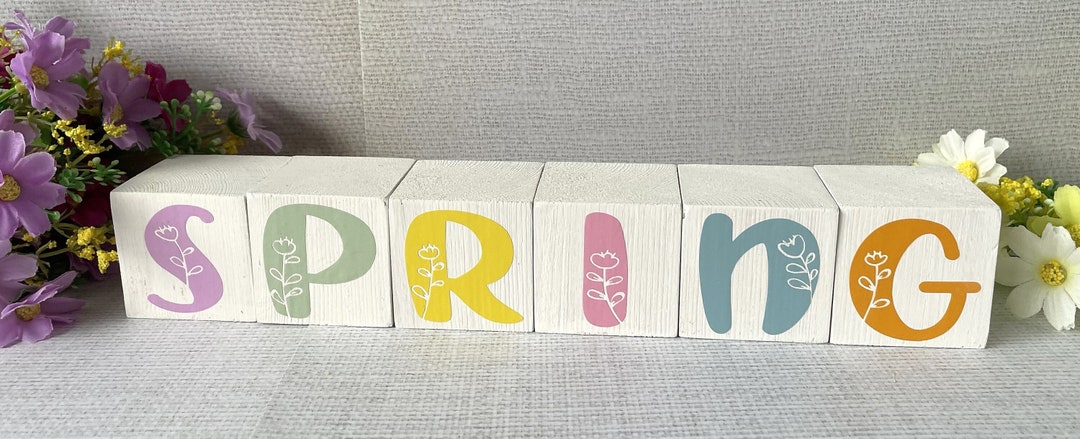 Spring Wooden White Cube Blocks With Floral Multi Colour Letters Home ...
