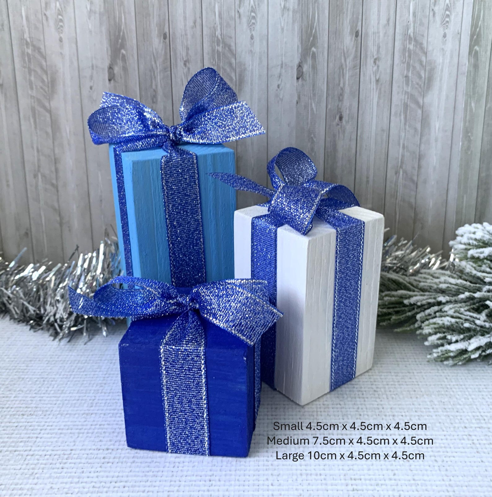 Set of 3 Wooden Christmas Present Blocks With Ribbon Handmade Festive ...