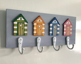 Wooden Beach Hut Hook Rack Plaque Ideal For Keys Leads Bags etc Coastal Seaside Decor Choice of 2 or 4 Hooks