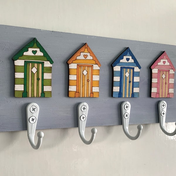 Wooden Beach Hut Hook Rack Plaque Ideal For Keys Leads Bags etc Coastal Seaside Decor Choice of 2 or 4 Hooks