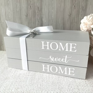 Wooden Book Stack - Home Sweet Home Grey Home Decor With Key & Heart Charms Choice of Sizes