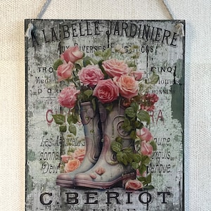 French Style Roses in Wellington Boots Planter Sign Wall Hanging Plaque Vintage Style Picture