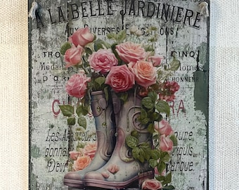 French Style Roses in Wellington Boots Planter Sign Wall Hanging Plaque Vintage Style Picture