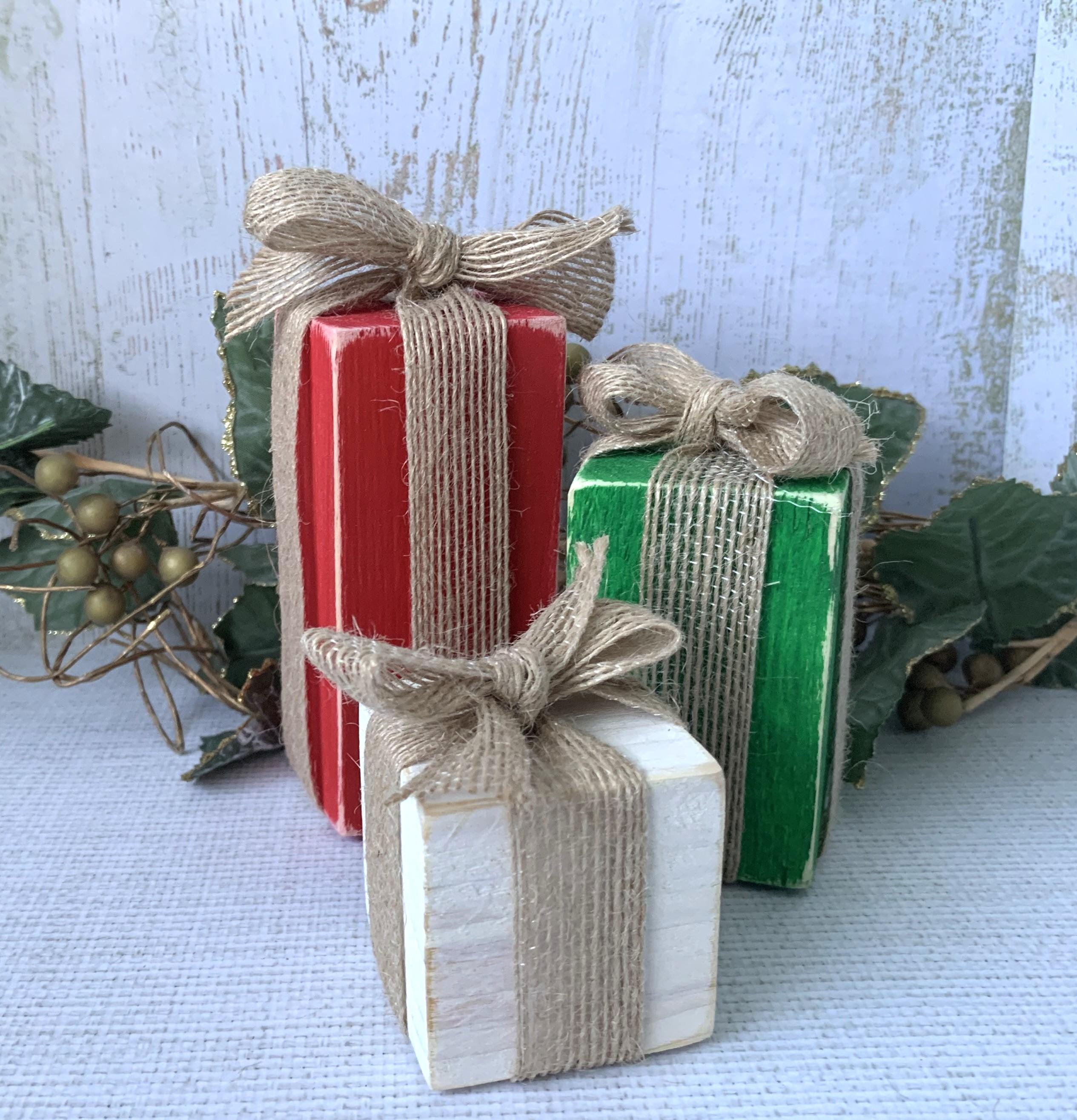 Set of 3 Wooden Christmas Present Blocks With Ribbon Handmade Festive ...