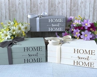 Wooden Book Stack - Home Sweet Home With Key & Heart Charms Choice of 13 Colours