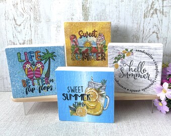 Freestanding Hello Summer Sweet Summer Wooden Block Home Ornament Tier Tray Decor Choice of 4 Designs