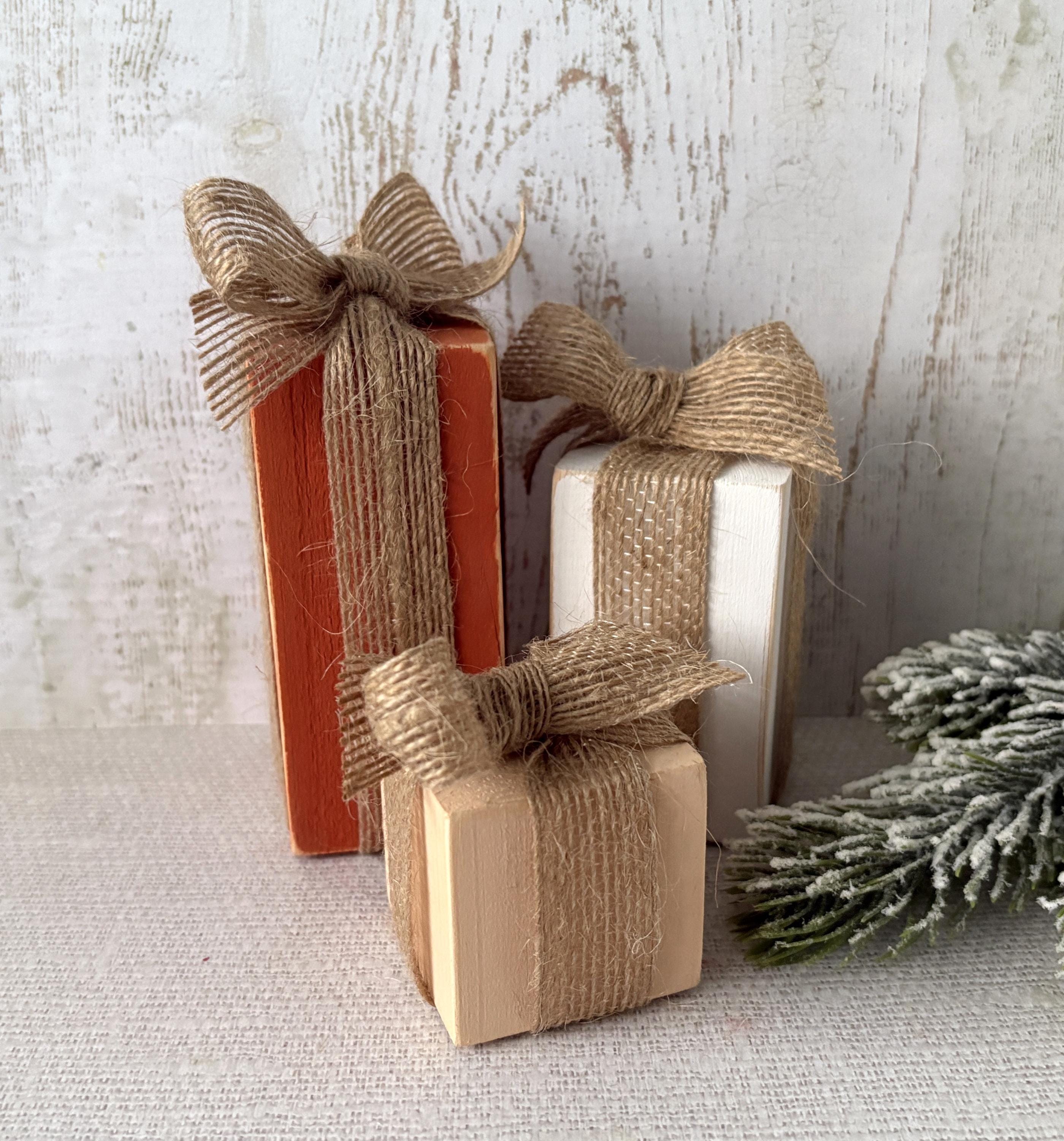 Set of 3 Wooden Christmas Present Blocks With Ribbon Handmade Festive ...