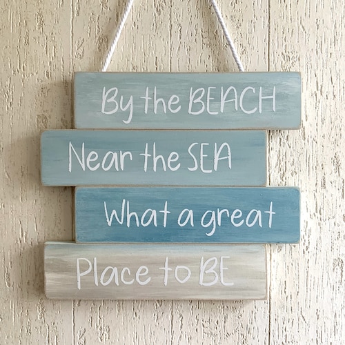 Wooden Coastal Beach Sign Blue Cream Hanging Plaque