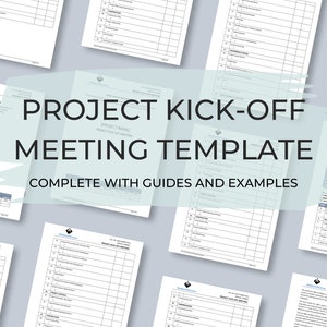 May include: A project kick-off meeting template with a diamond logo and the text "PROJECT KICK-OFF MEETING TEMPLATE COMPLETE WITH GUIDES AND EXAMPLES".