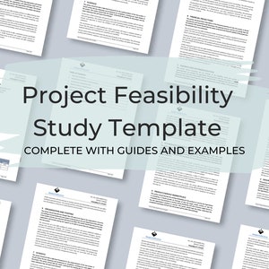 Pode incluir: Um modelo de estudo de viabilidade de projeto com o título "Project Feasibility Study Template" e o texto "Complete with Guides and Examples". O modelo é dividido em seções com títulos como "Resumo executivo", "Descrição de produtos e serviços", "Estratégia de marketing", "Projeções financeiras" e "Implementação e treinamento".