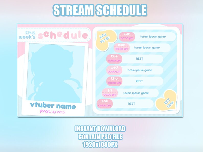 Pink Blue Stream Schedule Template for Vtuber, Stylish and Beautiful Etsy