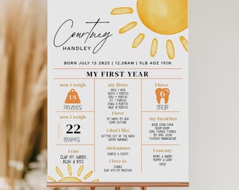 Sunshine First Birthday Milestones Sign Template, Printable Sun Milestone Board, Editable First Trip Around The Sun, Instant Download
