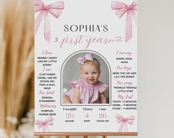 Pink Bow Birthday Milestone Sign, Pink Bow 1st Birthday Milestone Board, Milestone Poster With Photo, Baby First Year Stats Pink Bow Girl